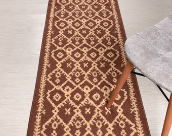 Custom Length Brown Trellis Runner Rug: Non-Slip, Washable (26 Inch Wide)