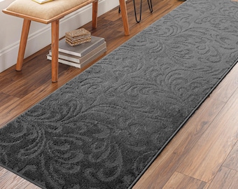 Non-Slip Dark Grey Charcoal Hallway Kitchen Runner Rug, Washable Carpet - Rubber Backed, Custom Size Floor Mat for Entryway Stairs Bedroom