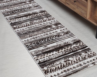 Distressed Bohemian Abstract Hallway Carpet Runner Rug, Brown, Extra thick, Many Sizes Available