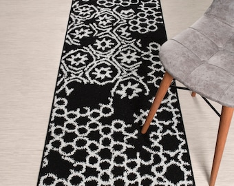 Custom Length Non-Slip Washable Runner Rug for Bathroom Kitchen Hallway, 26 Inch Wide X Your Choice of Length, Abstract Black & Silver