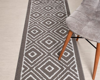 Custom Length Non-Slip Washable Runner Rug for Bathroom Kitchen Bed Room Hallway, 26 Inch Wide X Your Choice of Length, Geo Grey