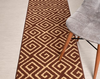 Custom Length Non-Slip Washable Runner Rug for Bathroom Kitchen Bed Room Hallway, 26 Inch Wide X Your Choice of Length, Greek Key Brown