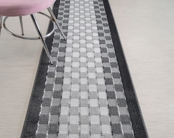 Custom Size Hallway Runner Rug, Non Slip, 31 Inch Wide X Your Choice of Length, Sold and Priced Per Foot, Checkered Grey