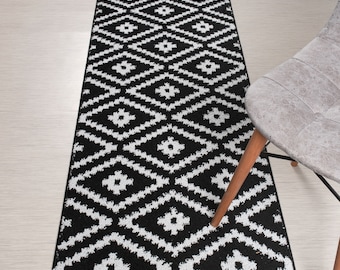 Non-slip Washable Black & Silver Hallway Carpet Runner Rug for Kitchen, Bedroom, Bathroom, Entryway, Stairs - 26 Inch Wide X Custom length