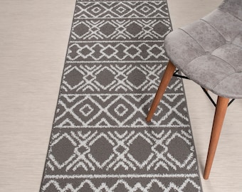 Custom Length Southwest Grey Runner Rug: Non-Slip Washable Hallway Rug