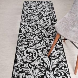 Custom Length Non-Slip Runner Rug: Black & Silver Leaves, 26&quot; Wide