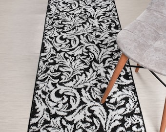 Custom Length Non-Slip Runner Rug: Black & Silver Leaves, 26" Wide