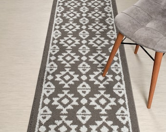 Custom Length Southwestern Runner Rug: Non-Slip Grey Hallway Rug