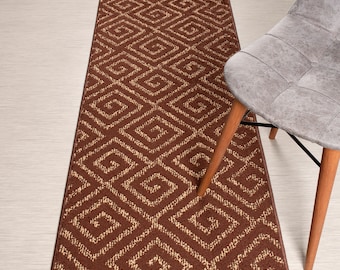 Custom Length Non-Slip Washable Runner Rug for Bathroom Kitchen Bed Room Hallway, 26 Inch Wide X Your Choice of Length, Squares Brown
