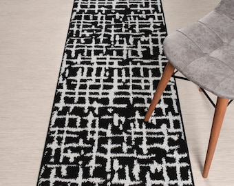 Custom Length Non-Slip Washable Runner Rug for Bathroom Kitchen Hallway, 26 Inch Wide X Your Choice of Length, Scandinavian Black & Silver