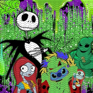 May include: A digital illustration featuring a green, purple, and black background with a green, black, and white Jack Skellington, a green and blue Stitch, a green and white Oogie Boogie, and a red and white Sally.