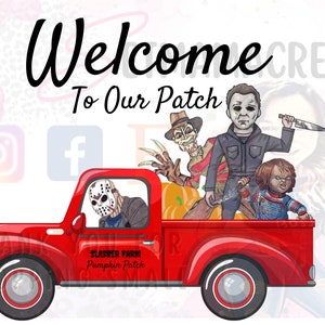 May include: A red pickup truck with a "Slasher Farm Pumpkin Patch" sign on the side.  The truck is filled with horror movie characters, including Jason Voorhees, Freddy Krueger, and Chucky.
