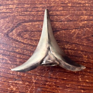 May include: A brass-colored, stylized object with a sharp, upward-pointing central element and two curved, wing-like extensions. The object has a smooth, metallic finish and is set against a wooden background.