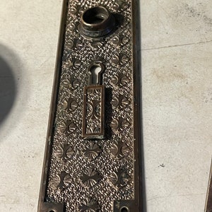 Antique vintage 8 5/8&quot; bronze victorian double key hole door knob plate part