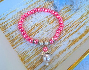 10 pink angel bracelets wedding favors for guests, Sweet 16 party favors/ quinceañera/ first communion gifts, Hot pink bracelets baby shower