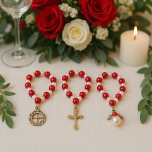 Red Pearl Rosary Party Favors: Sweet Sixteen, Baby Shower Gifts (Set of 10)