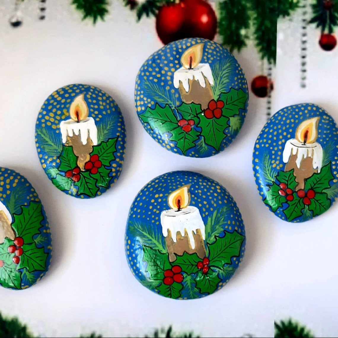 Christmas candle hand painted rocks Beach rocks art home Etsy