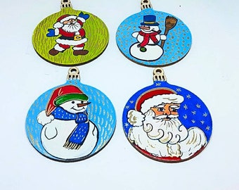 Set of 4 wood Christmas ornaments, One of a kind ornament hand painted Christmas gifts, Christmas keepsake ornaments Christmas baulb Xmas