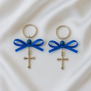 Blue Ribbon Cross Keychain Favors: Greek Baptism Martyrika, Religious Gift (Set of 10)