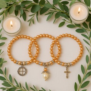 25 orange cross bracelets first communion gifts to guests, Elastic bracelets for sweet sixteen party favor, Bulk angel bracelets quinceañera
