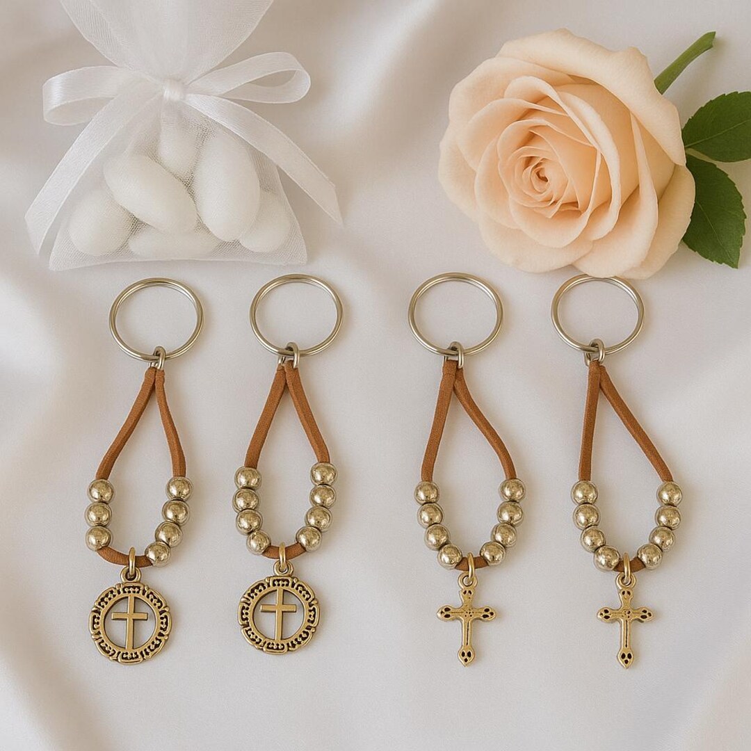 10 Mini Rosary Keyrings: Brown Suede, Silver Pearls, Cross Charm (set ...
