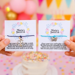 50 SWEET 16 butterfly party favors, Personalized wish bracelets sweet 16 favor, Quinceañera party gifts, Custom bracelets Thank you gift