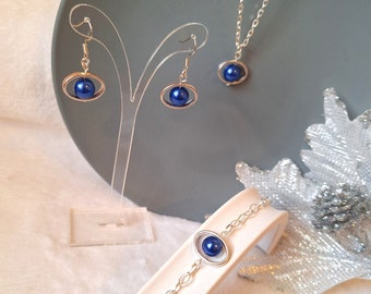 Brautjungfer Schmuckset Ohrringe-Halskette-Armband | Blaue Perle Schmuckset für Trauzeugin Geschenk von der Braut | Baumeln Tropfen Hochzeit Ohrringe