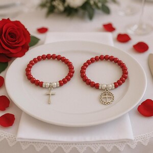 50 red cross bracelets first communion gifts to guests, Elastic bracelets for sweet sixteen party favors, Bulk angel bracelets quinceañera