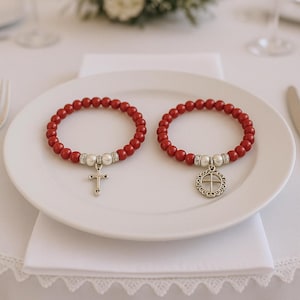 25 red bracelets first communion gifts to guests, Elastic bracelets for sweet sixteen party favors, Bulk angel bracelets subscription box