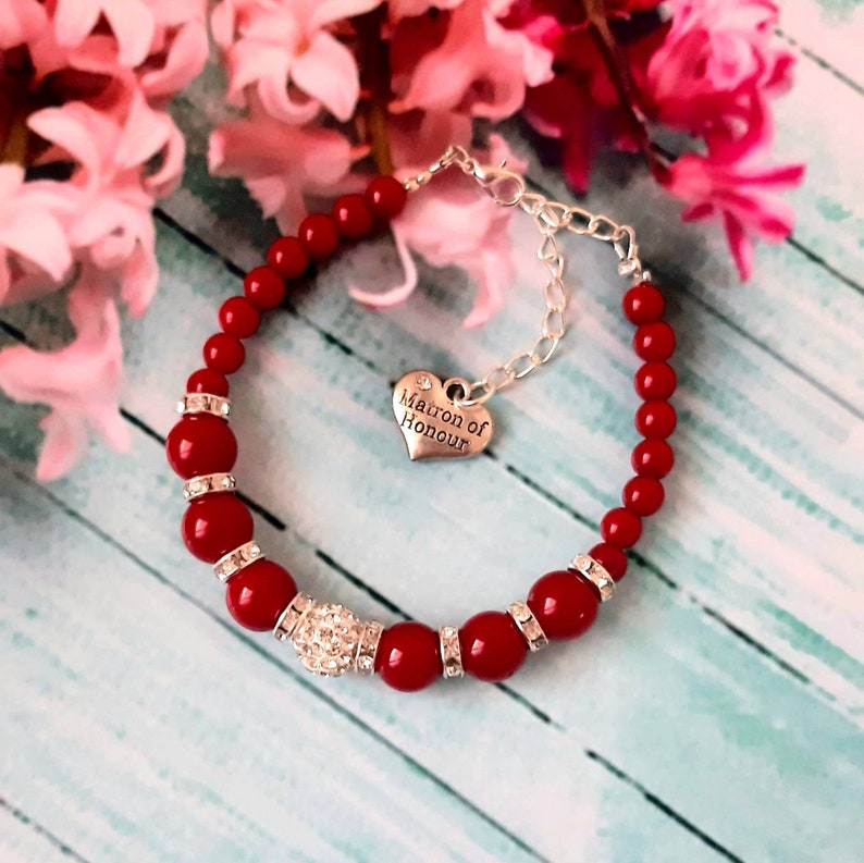 Bachelorette gift adjustable bracelet Bridal shower Red pearl bracelet wedding jewelry gift from bride Matron of Honour custom bracelet