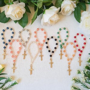 100 Mini Rosary Favors: Pearl Rosaries, Baptism, First Communion, Quinceanera (Set of 100)