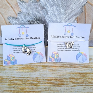10 pulseras personalizadas de deseos de regalo de baby shower, regalo de invitados con tarjeta personalizada, fiesta de baby shower favorece pulseras de dijes, regalo personalizado