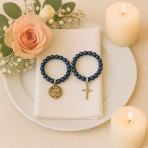 50 blue cross bracelets first communion gifts to guests, Elastic bracelets for sweet sixteen party favors, Bulk angel bracelets quinceañera