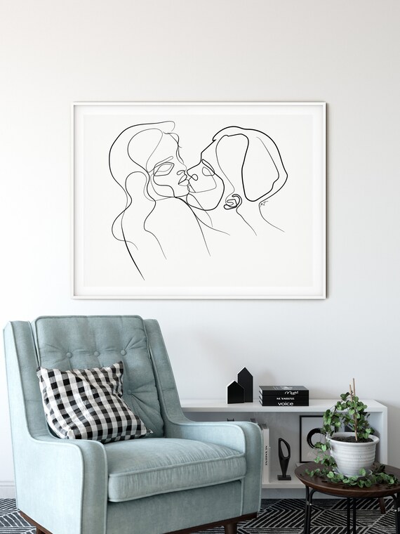 Kissing Couple Line Drawing Bedroom Wall Decor