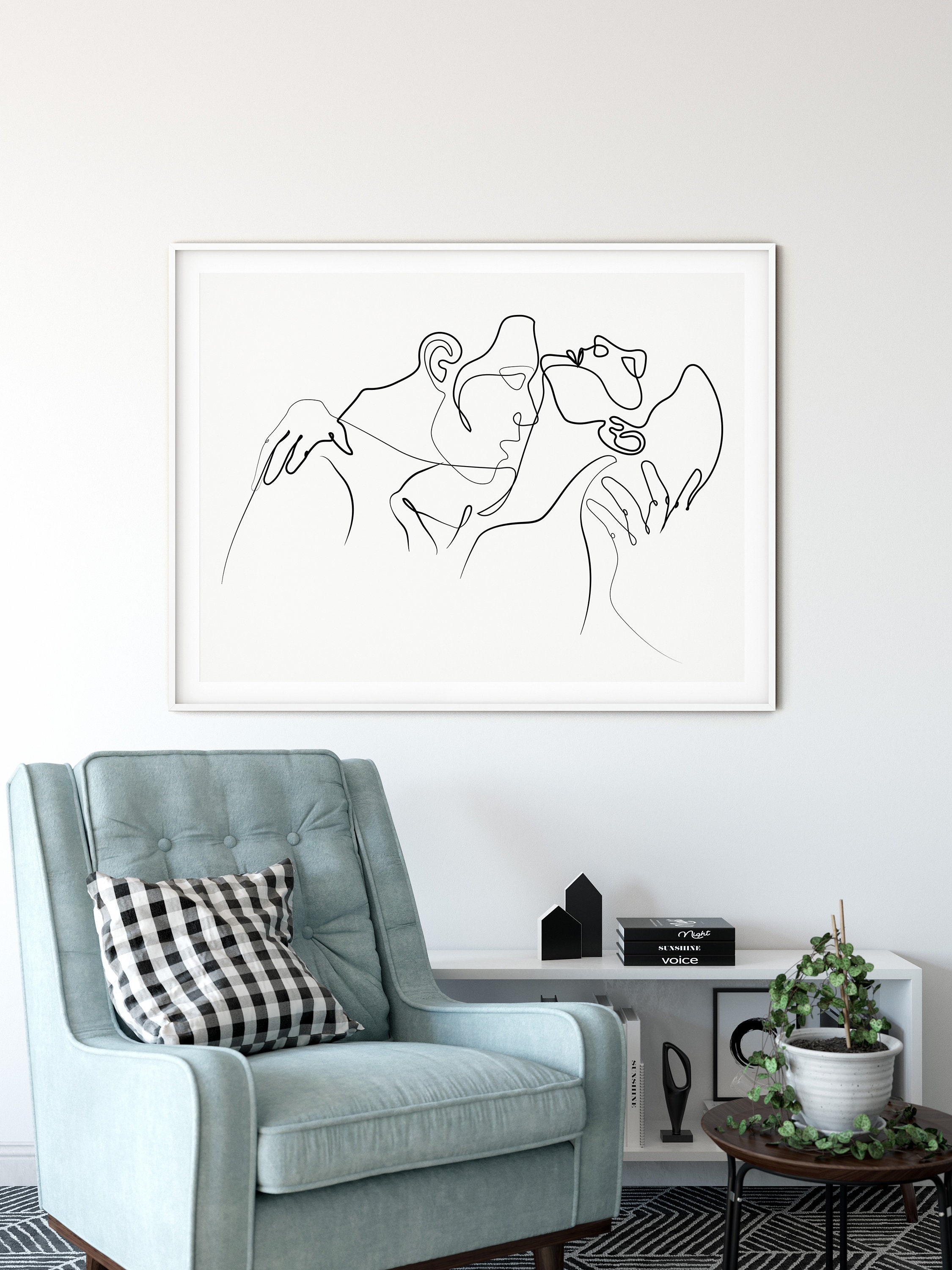 Above Bed Art Kissing Couple Line Drawing | Etsy