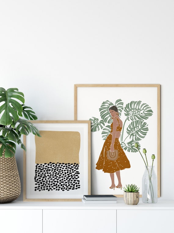 Boho Decor Set Of 2 Prints Boho Wall Decor Bedroom Decor Burnt Orange Print Minimalist Drawing Monstera Leaf Print Boho Living Room