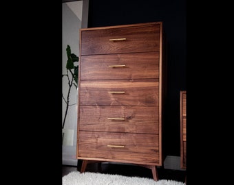 Owen 5 Drawer Highboy in Walnut | Mid Century Modern | Chest | Bedroom Furniture | Maple Drawers