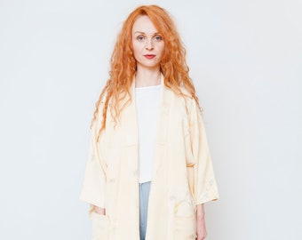 Silk Ivory Kimono Duster with Pockets and Birds // Altered Vintage // Japanese Vintage Kimono // Silk Robe