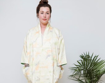 Silk Yellow Kimono Duster with Cranes and Pockets // Altered & Reworked Vintage // Japanese Vintage Kimono // Silk Robe