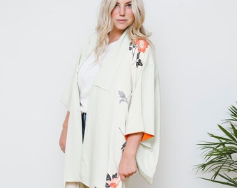 Silk Kimono w/ Flowers & Light Blue Shades // Altered and Reworked Vintage // Silk Robe // Japanese Vintage Kimono // Kimono Duster