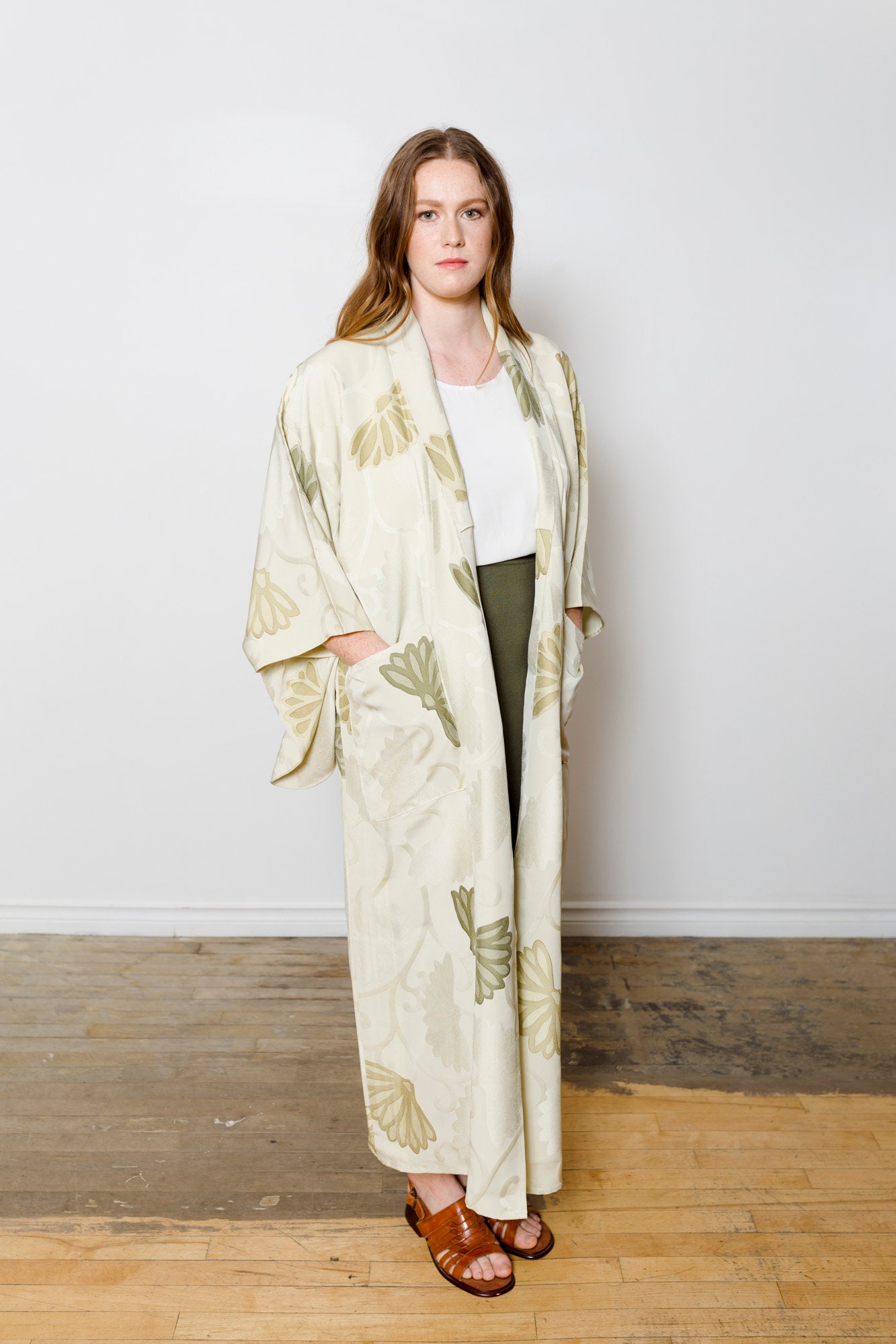 Silk Kimono Duster w/ Pockets and Olive Green Flowers // Altered