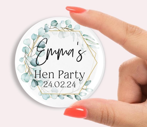 45mm Personalised Hen party badges. leaf print, hen party favours