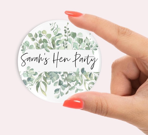 45mm Personalised Hen party badges. leaf print, hen party favours