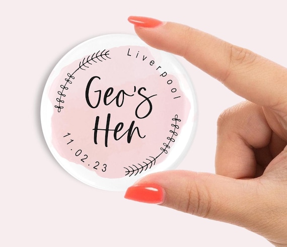 45mm Personalised Hen party badges. pink, Hen do badge, hen party favours