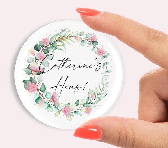 45mm Personalised Hen party badges. flower print