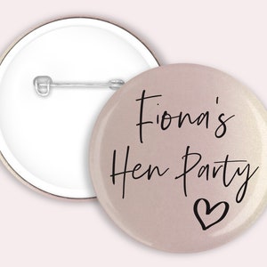 Personalised Hen party badges. Rose Gold, Gold, Silver, 58mm, Hen do badge, hen party favours Pale pink