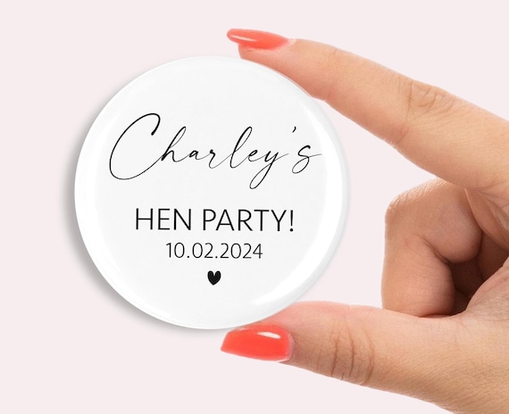 45mm Personalised Hen party badges. Rose Gold, Gold, Silver, Hen do badge, hen party favours