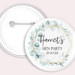 Personalised Hen party badges. leaf print 58mm