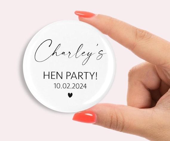 Personalised Hen party badges. Rose Gold, Gold, Silver,  58mm, Hen do badge, hen party favours