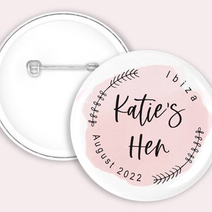 45mm Personalised Hen party badges. pink, Hen do badge, hen party favours